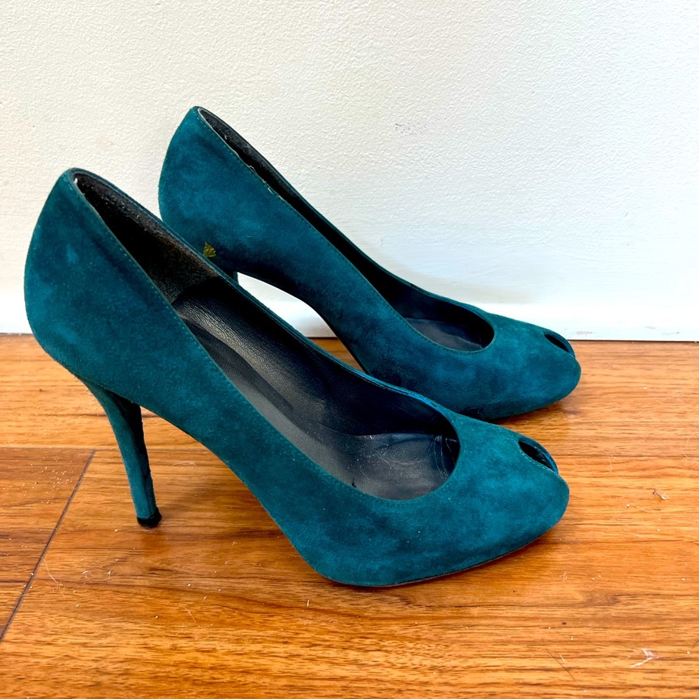 Stuart Weitzman Platform Peep Toe Suede Heels